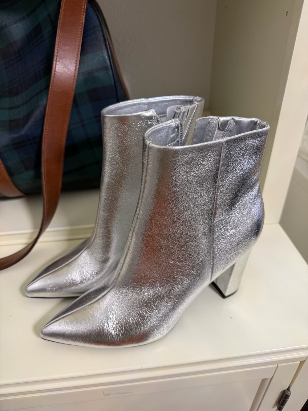NWT Marc Fisher Silver Metallic Pointed Toe Ankle Boots 8